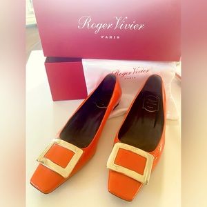 ROGER VIVIER ✨RARE ORANGE✨ BELKE VIVIER Gold Buckle Square Low Heel Size 38.5